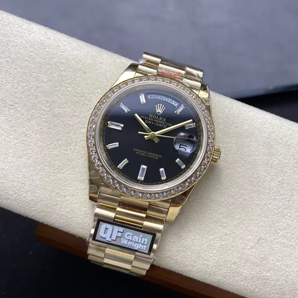 QF공장 롤렉스 데이데이트 40 블랙 바게트 다이얼 다이아 베젤 옐로우 골드 금통 228238