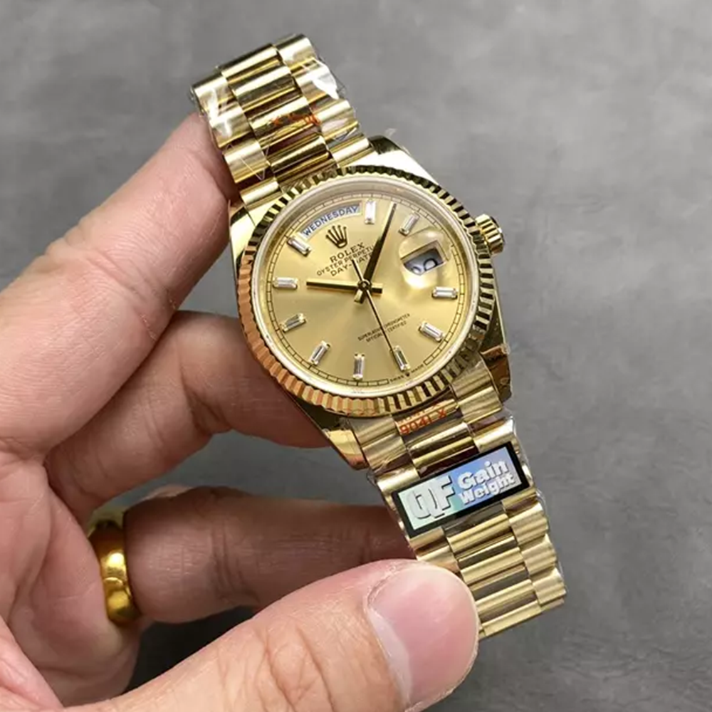 QF공장 롤렉스 데이데이트 36 샴폐인 바게트 다이아 다이얼 옐로우 골드 금통 128238