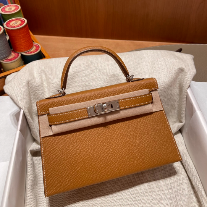 반수공 에르메스 미니 켈리백 골드브라운 은장 엡송