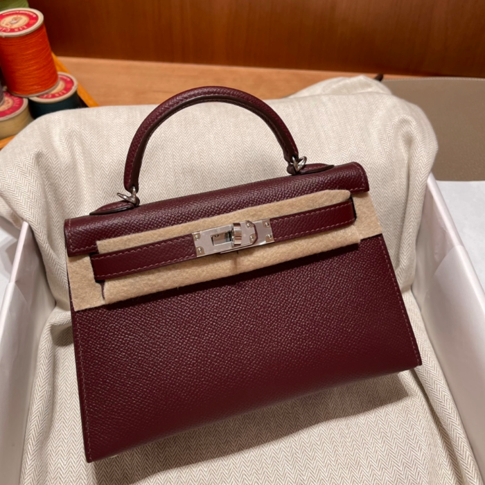 반수공 에르메스 미니 켈리백 버건디 은장 엡송