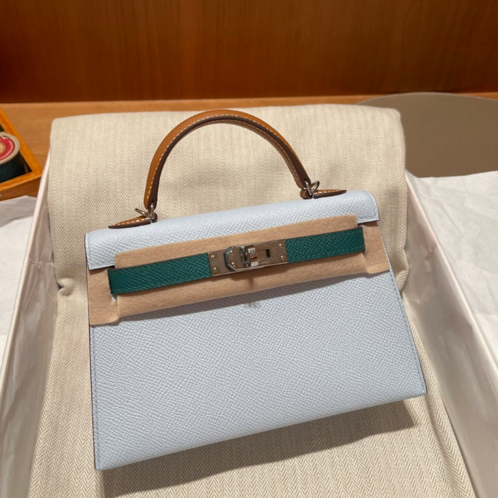 반수공 에르메스 미니 켈리백 블루 그린 브라운 은장 엡송
