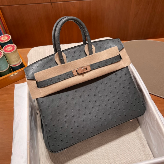 반수공 에르메스 버킨백 25 그레이 로즈골드 버클 타조가죽