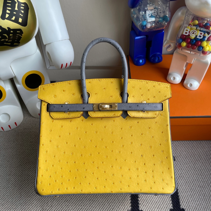 반수공 에르메스 버킨백 25 앰버 옐로우 그레이 금장 타조가죽