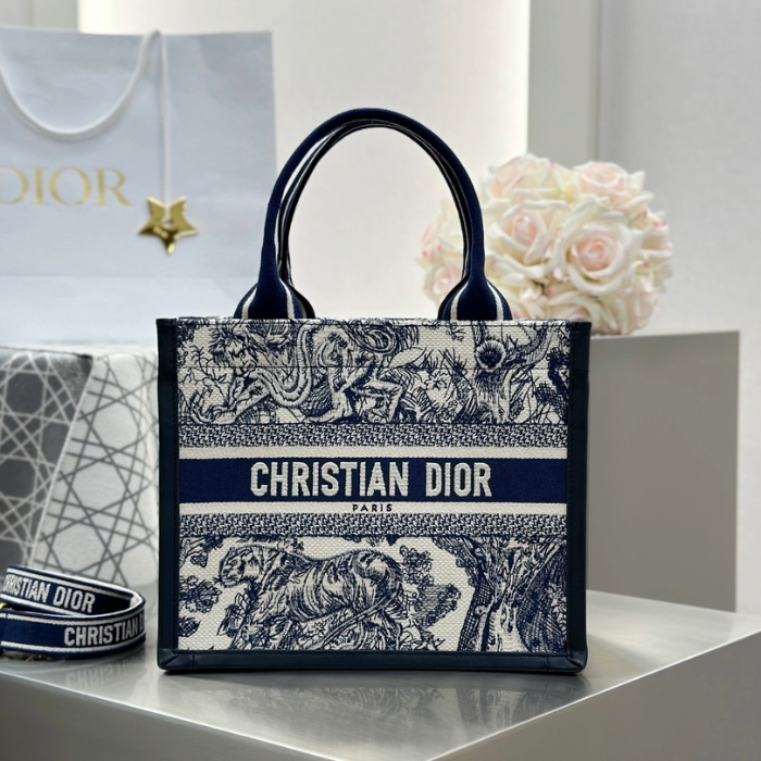 디올 스몰 북 토트백 트왈 드 주이 소바쥬 자수 화이트 네이비 블루