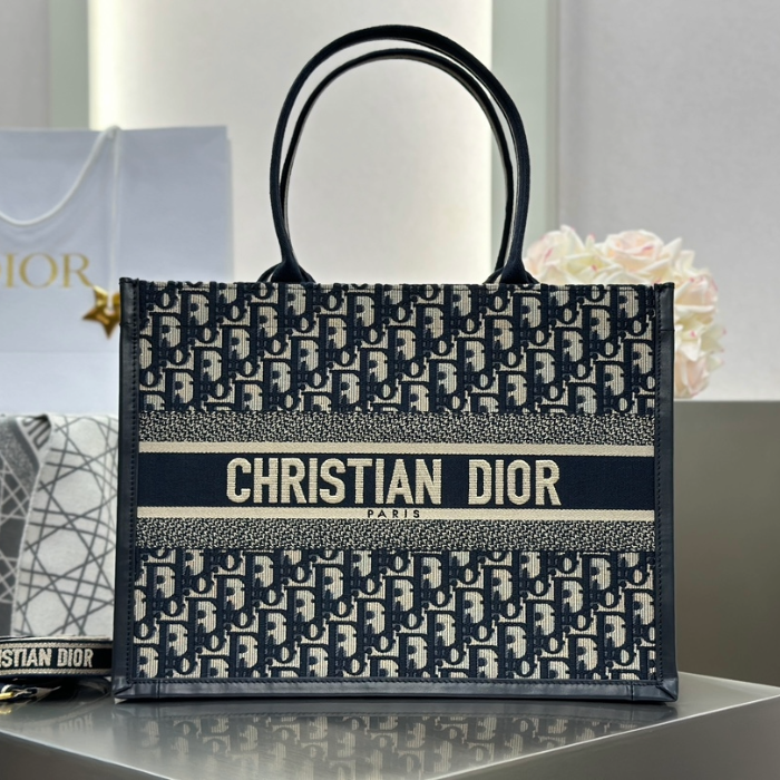 디올 미디엄 북 토트백 오블리크 자카드 블루