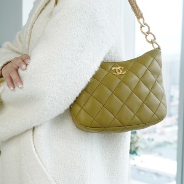 팬더샵 샤넬 램스킨 퀼팅 CC 체인 호보백 머스타드 그린