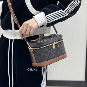 셀린느 탑 핸들 스몰 세면도구 케이스 트리옹프 캔버스 & 카프스킨