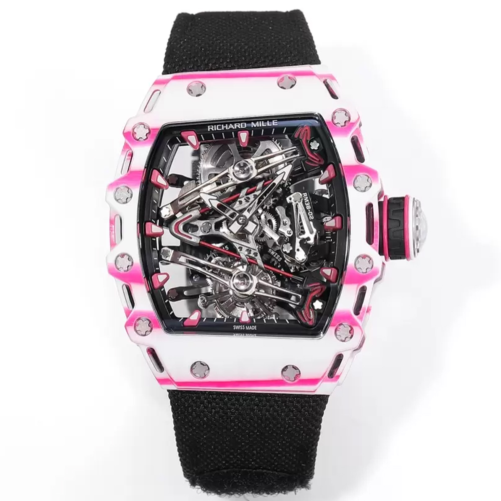 RM공장 리차드밀 수동 와인딩 투르비용 부바 왓슨 화이트/핑크 카본 케이스 블랙 스트랩 밴드 RM38-02
