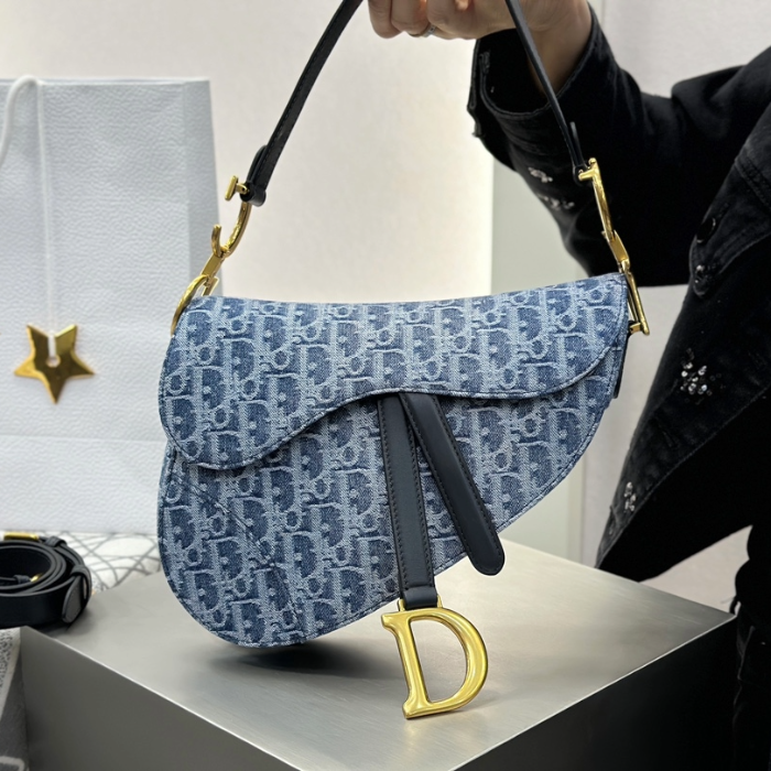 디올 새들 스트랩 백 데님 오블리크 자카드 블루