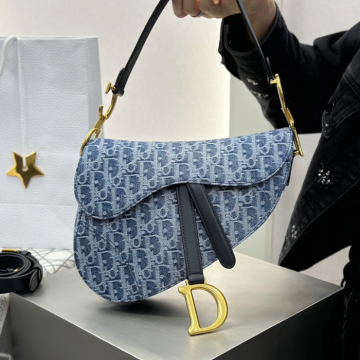 디올 새들 스트랩 백 데님 오블리크 자카드 블루