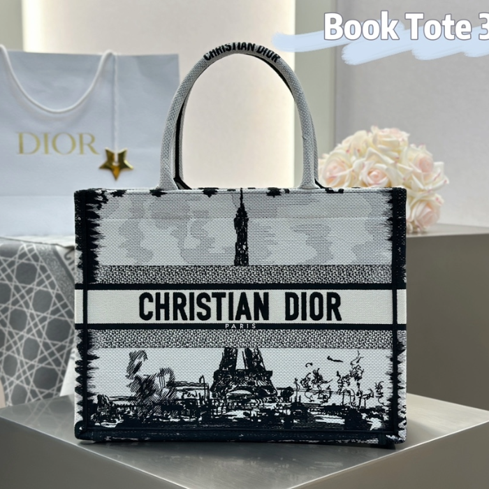 디올 미디엄 북 토트백 파리 자수 화이트 블랙