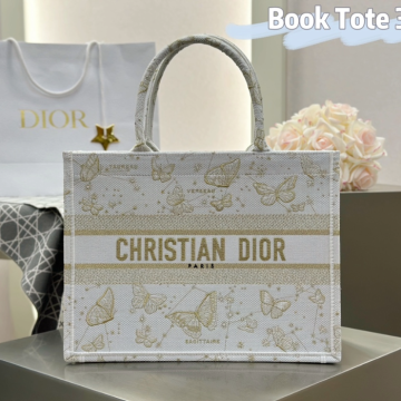 디올 미디엄 북 토트백 버터플라이 조디악 자수 골드 톤 화이트
