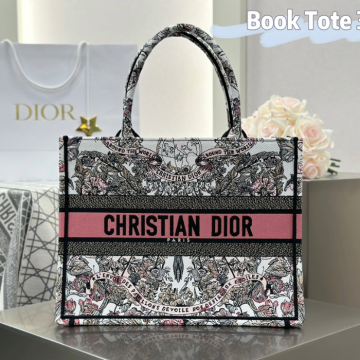 디올 미디엄 북 토트백 버터플라이 어라운드 더월드 자수 화이트&핑크