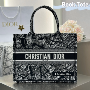 디올 미디엄 북 토트백 블랙 화이트 플랜 드 파리 자수