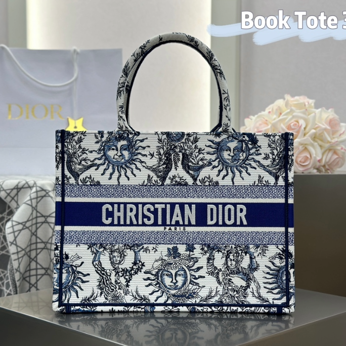 디올 미디엄 북 토트백 화이트 네이비 블루 쏠레이