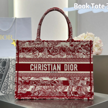디올 미디엄 북 토트백 레드 트왈 드 주이 자수