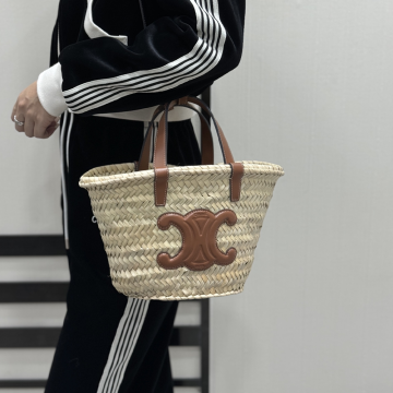 셀린느 트리옹프 클래식 파니에 라피아 카프스킨 탠 숄더백 19cm