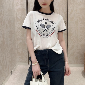 디올 Vibe 티셔츠 화이트 코튼 린넨 저지 & 쓰리-톤 시그니처