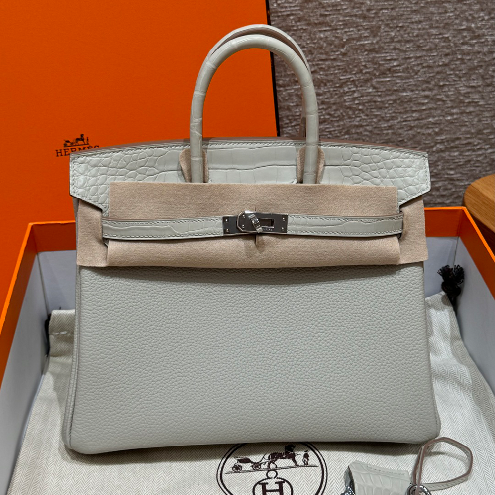 올수공 에르메스 버킨 25 80/Girs Perle 토고 & 악어 가죽 실버 하드웨어