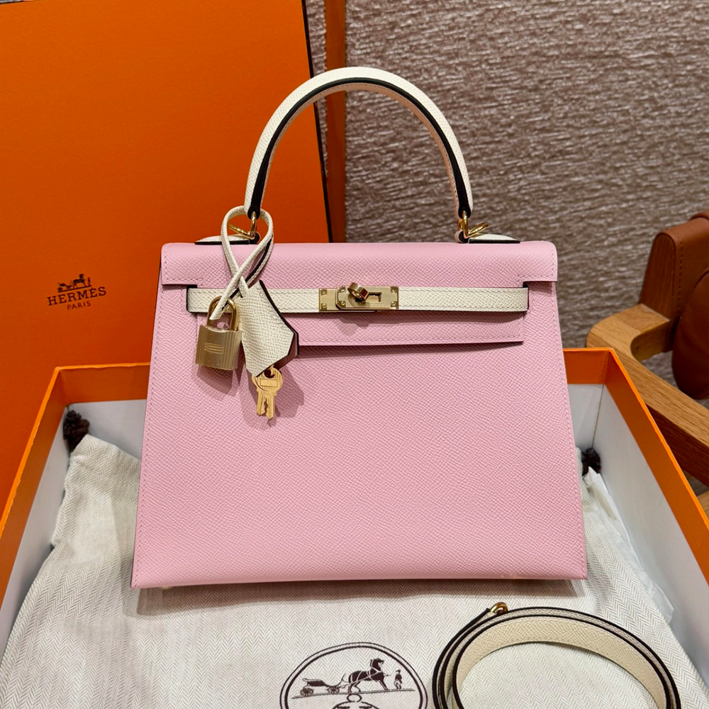올수공 에르메스 켈리 25 3Q/Rose Sakura-i2/nata 엡송 가죽 골드 하드웨어