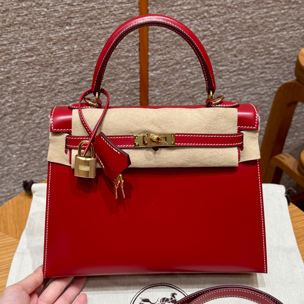 올수공 에르메스 켈리 25 5x/Rouge piment 박스 가죽 골드 하드웨어