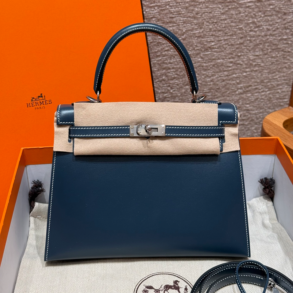 올수공 에르메스 켈리 25 7P/Blue presse 박스 가죽 실버 하드웨어