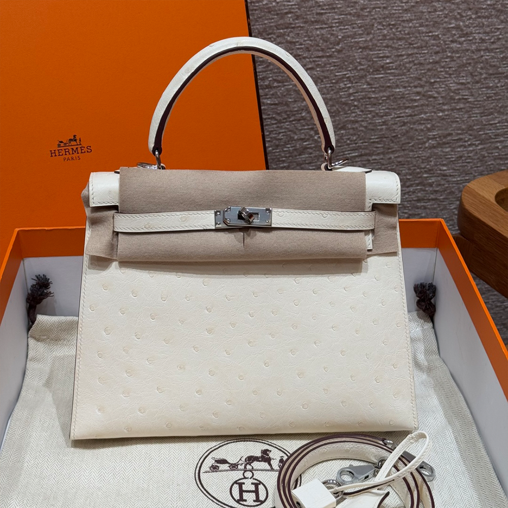 올수공 에르메스 켈리 25 i2/nata 타조 가죽 실버 하드웨어
