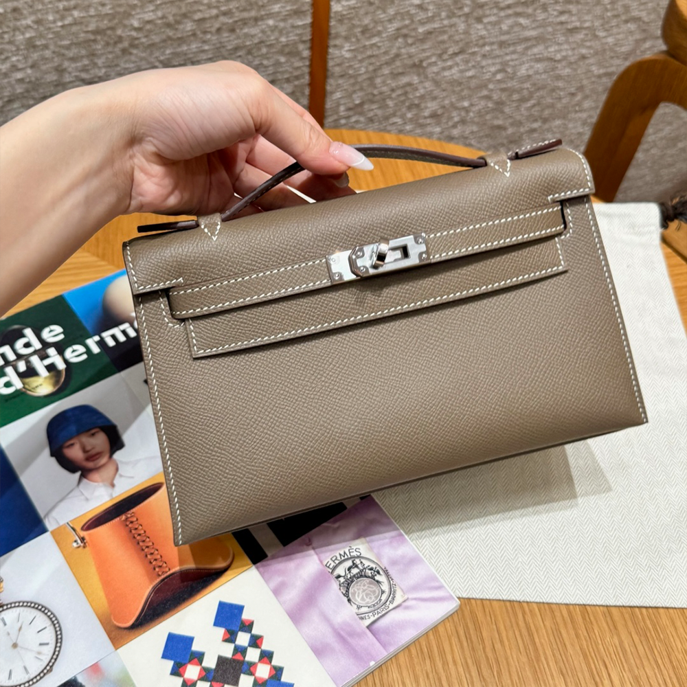 올수공 에르메스 미니 켈리 포쉐트 18/Etoupe 엡송 가죽 실버 하드웨어