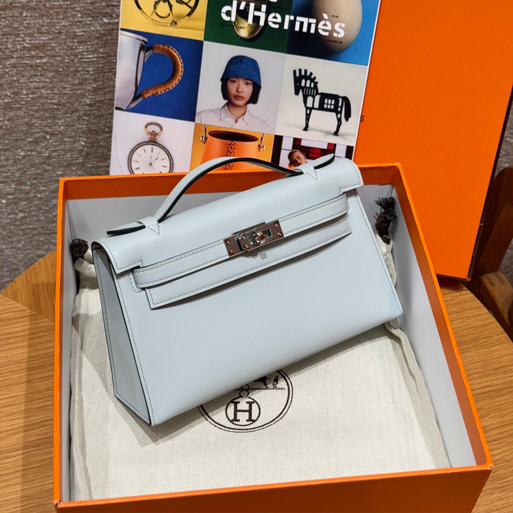 올수공 에르메스 미니 켈리 포쉐트 08/Blue pale 스위프트 가죽 실버 하드웨어
