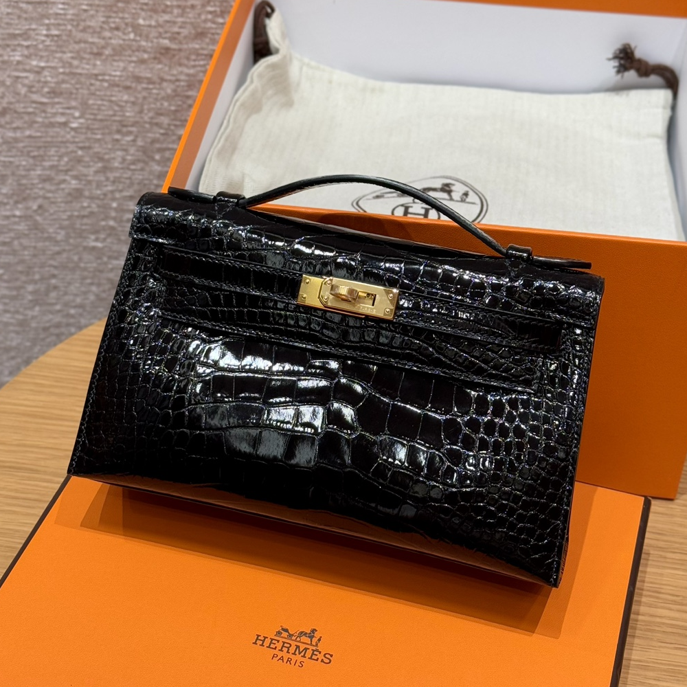 올수공 에르메스 미니 켈리 포쉐트 89/Noir 악어 가죽 골드 하드웨어