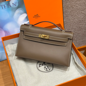 올수공 에르메스 미니 켈리 포쉐트 18/Etoupe 스위프트 가죽 골드 하드웨어