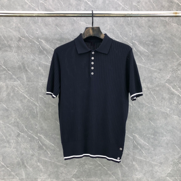 톰브라운 코튼 사선 케이블 니트 숏슬리브 폴로 셔츠 네이비