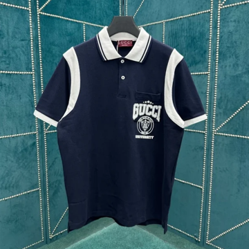 구찌 로고 코튼 피케 폴로 셔츠 네이비