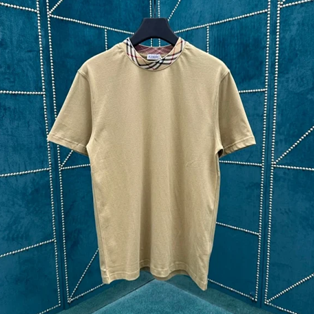 버버리 체크 트리밍 코튼 티셔츠 베이지