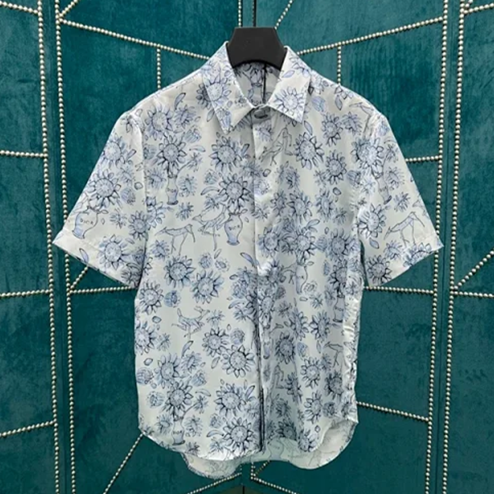 디올 AND HYLTON NEL 반소매 셔츠 라이트 블루 실크 자카드