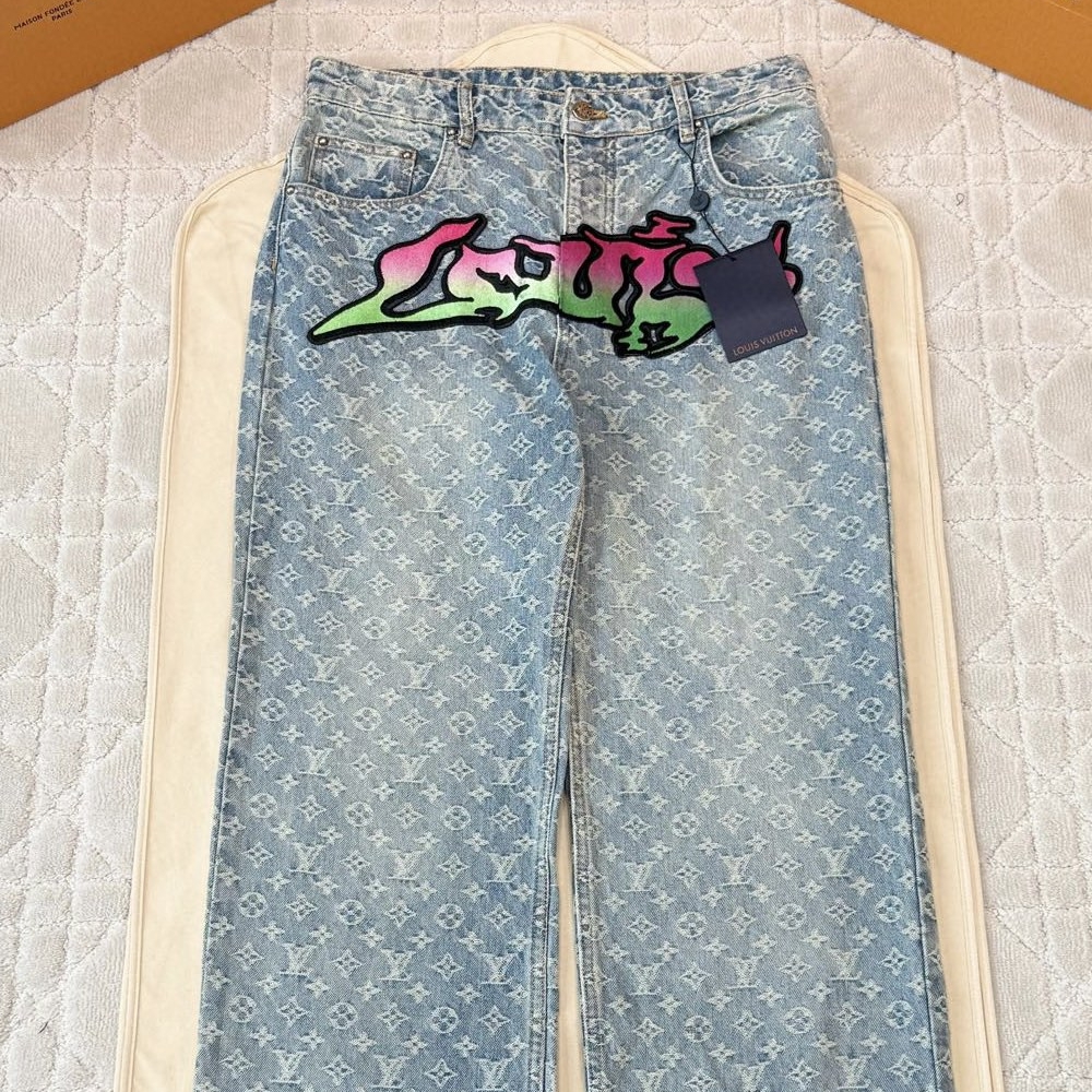 루이비통 플레임 자카드 패치워크 데님 팬츠