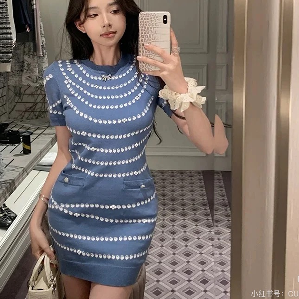 샤넬 25SS 도트 펄 퓨어 울 맥시 드레스 블루