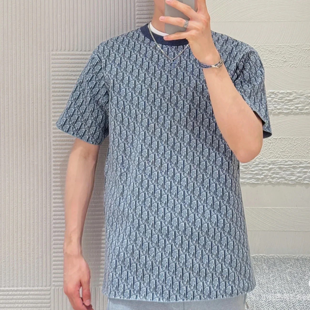 디올 오블리크 캐주얼 핏 블루 코튼 자카드 티셔츠
