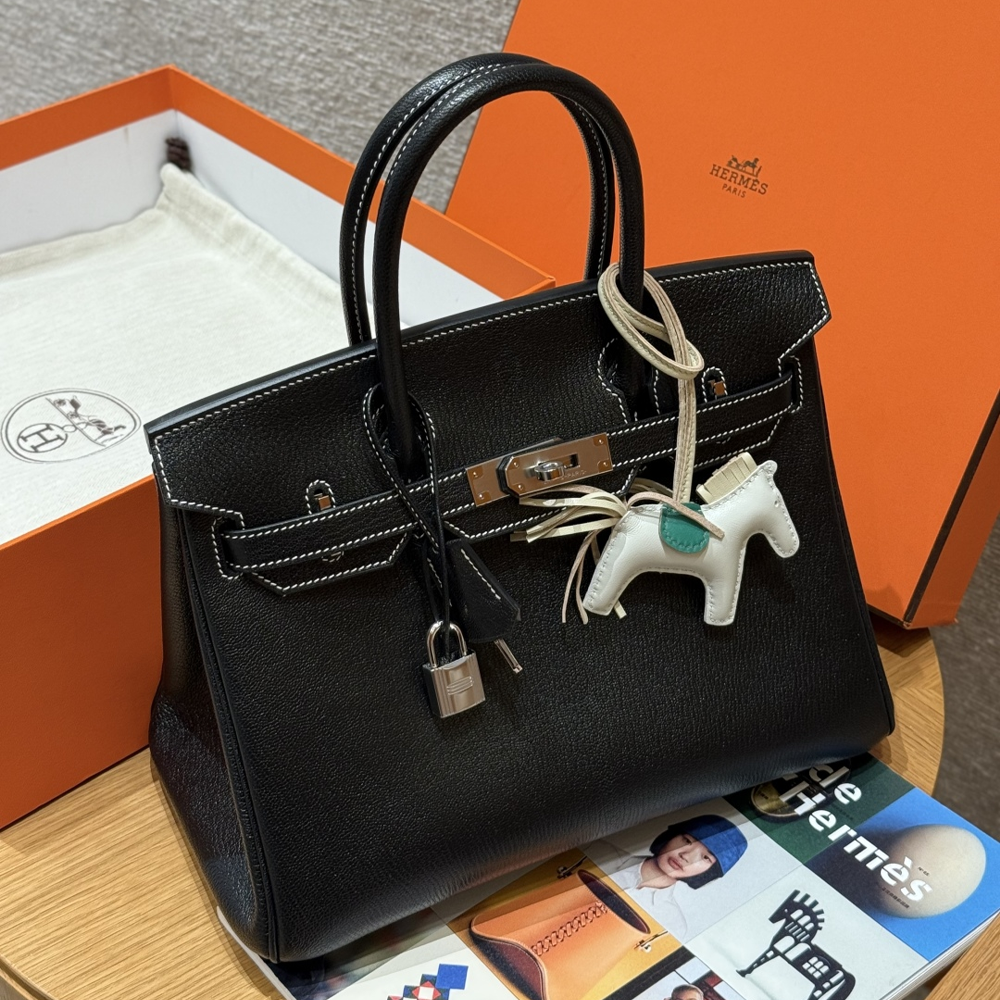 올수공 에르메스 버킨 30 Noir & Girs perle 쉐브르 가죽 실버 하드웨어