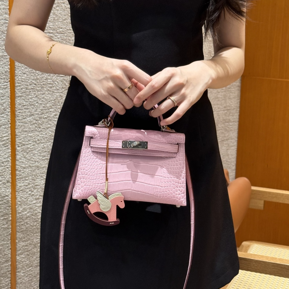 올수공 에르메스 미니 켈리 Rose Sakura 악어 가죽 실버 하드웨어