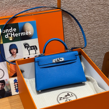 올수공 에르메스 미니 켈리 Blue Hydra 쉐브르 가죽 실버 하드웨어