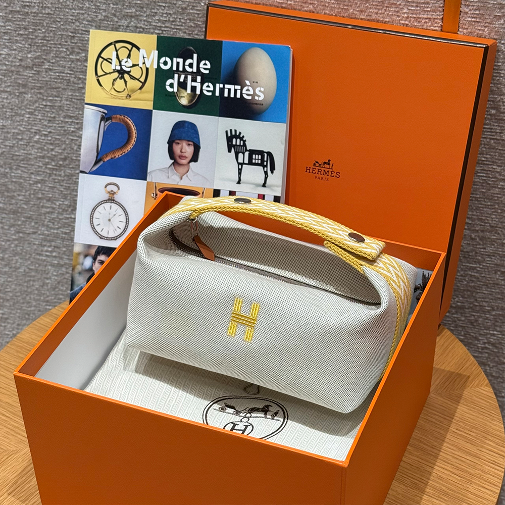 올수공 에르메스 브리드 어 브랙 파우치 PM Lime 코튼 실버 하드웨어