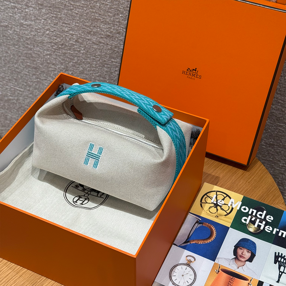 올수공 에르메스 브리드 어 브랙 파우치 PM Blue atoll 코튼 실버 하드웨어