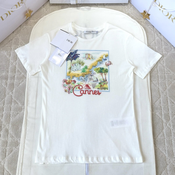 최고퀄 디올 Souvenir 티셔츠 화이트 코튼 린넨 저지 & 멀티 컬러