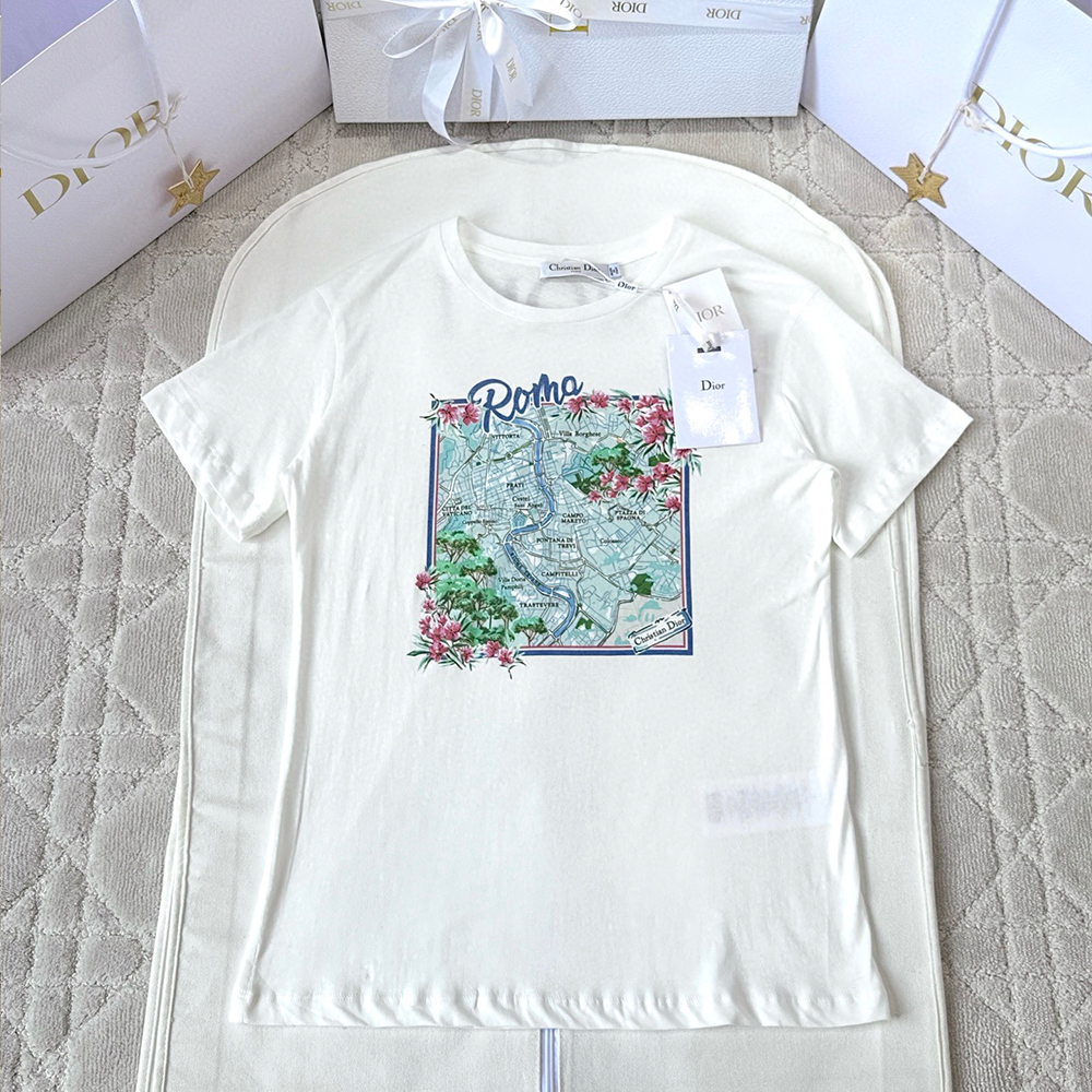 최고퀄 디올 Souvenir 티셔츠 화이트 코튼 린넨 저지 & 멀티 컬러