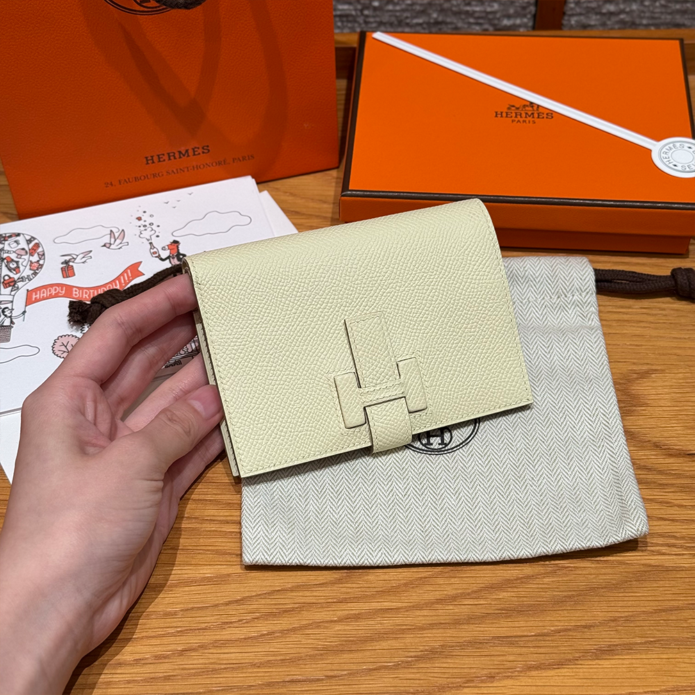 올수공 에르메스 뉴 파상트 반지갑 Jaune Milton 엡송 가죽 실버 하드웨어
