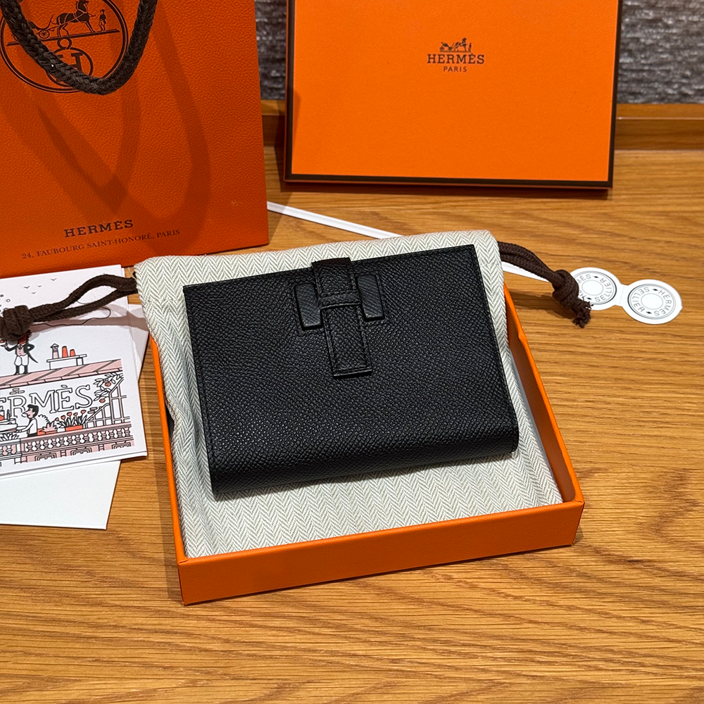 올수공 에르메스 뉴 파상트 반지갑 Noir 엡송 가죽 실버 하드웨어