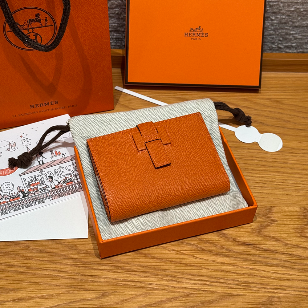 올수공 에르메스 뉴 파상트 반지갑 Orange 엡송 가죽 실버 하드웨어