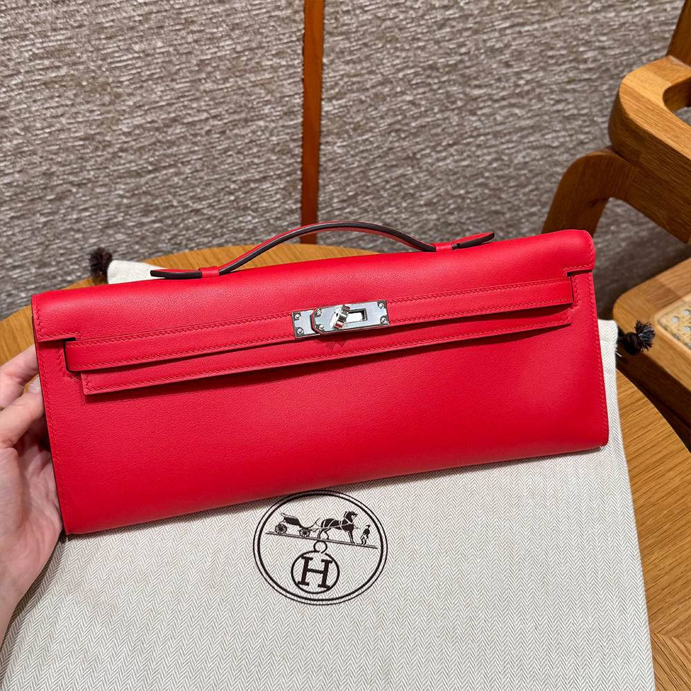 올수공 에르메스 켈리 컷 Rouge casaque 스위프트 가죽 실버 하드웨어