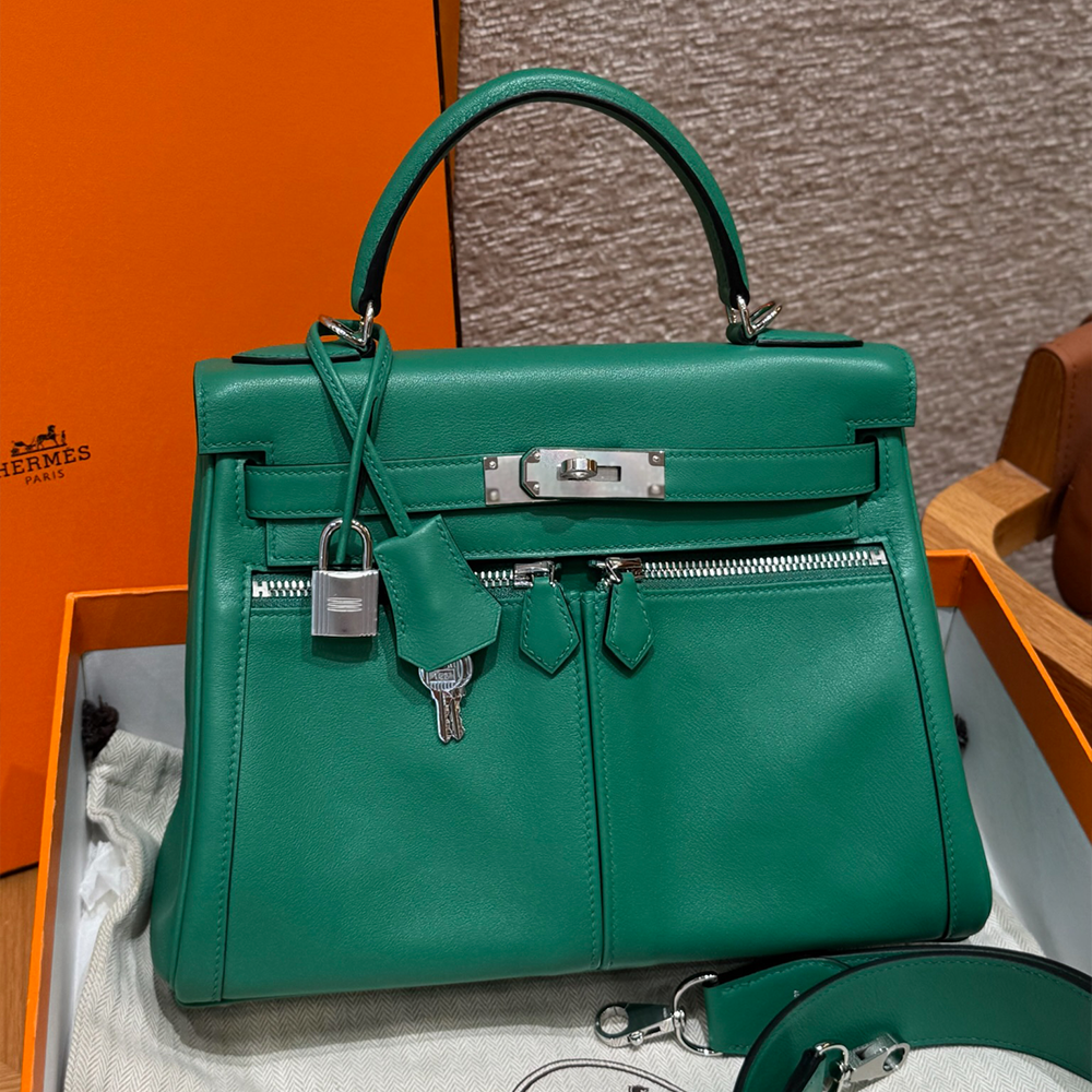 올수공 에르메스 켈리 라키스 Vert vertigo 스위프트 가죽 실버 하드웨어